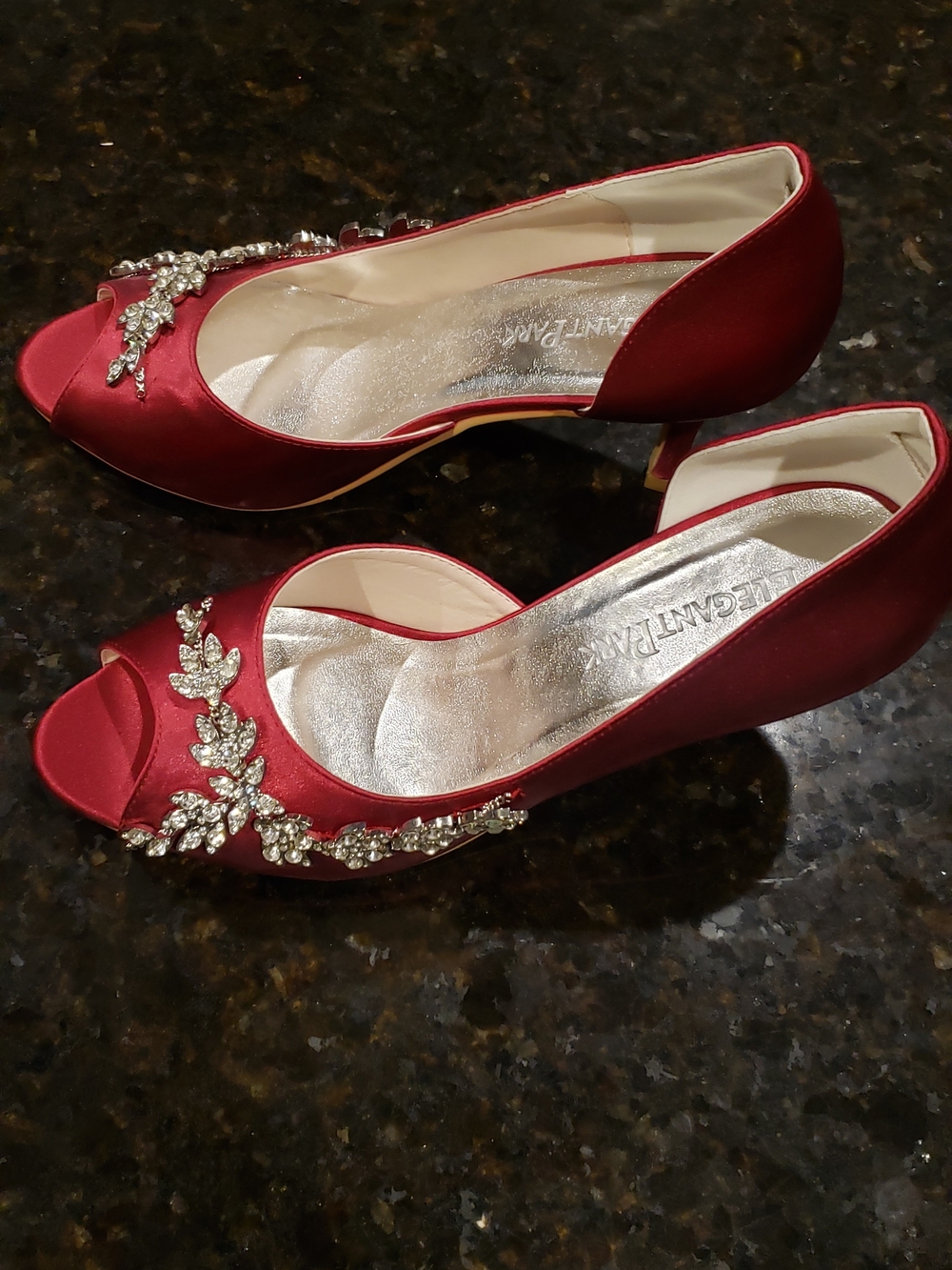 Wine Satin Peep-Toe Heels with Crystal Detail
